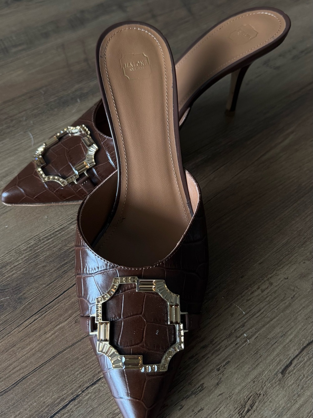 Malone Souliers Brown Croc-Embossed Pointed Mule with Gold Buckle
